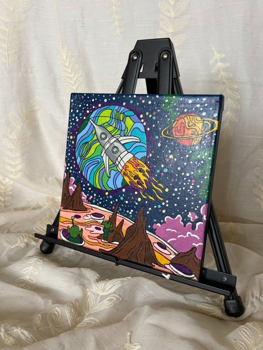 Hand Painted Psychedelic Rocket Space Canvas 10x10